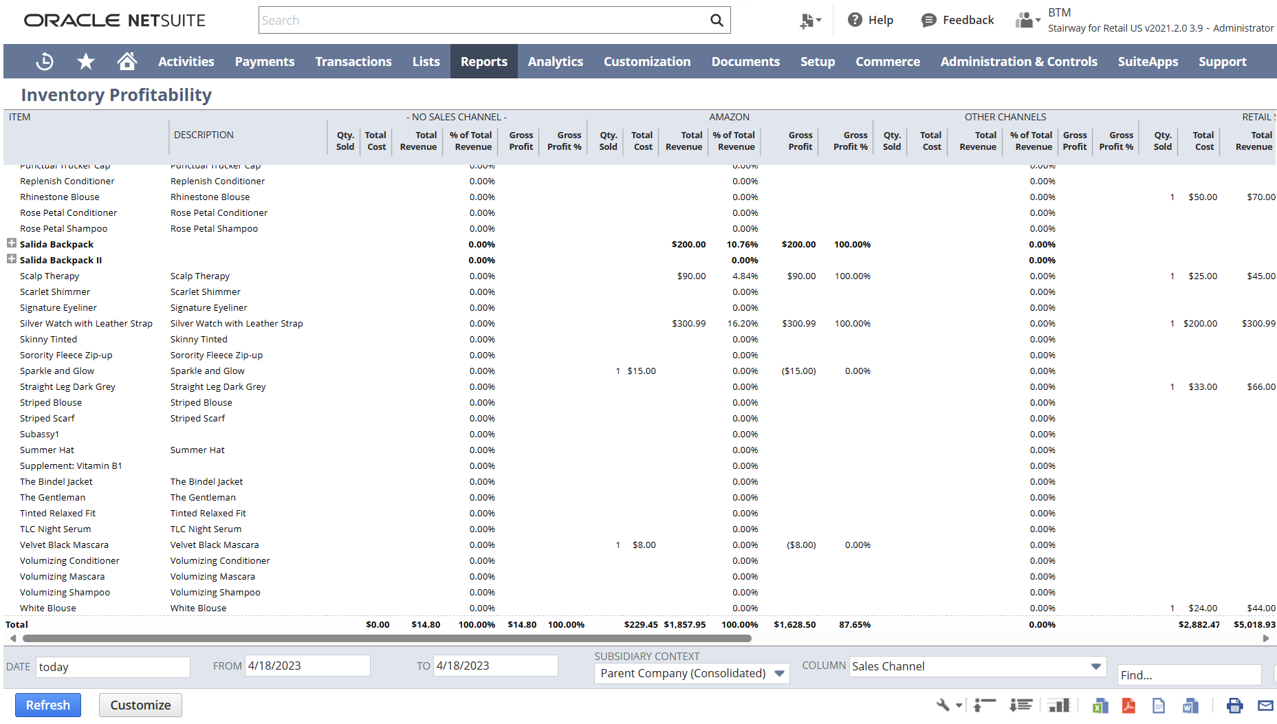 Một màn hình theo dõi tỉ suất sinh lời hàng tồn kho trong NetSuite