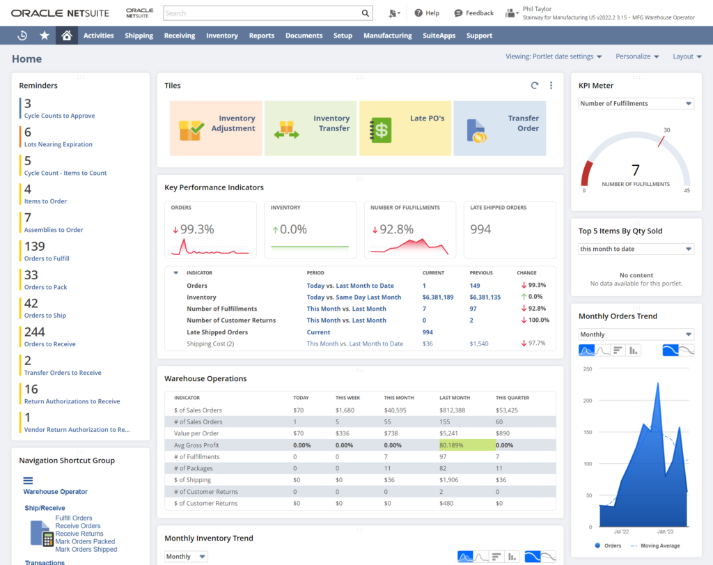 Bảng theo dõi KPI của nhân viên thủ kho mà Oracle NetSuite ERP tích hợp sẵn