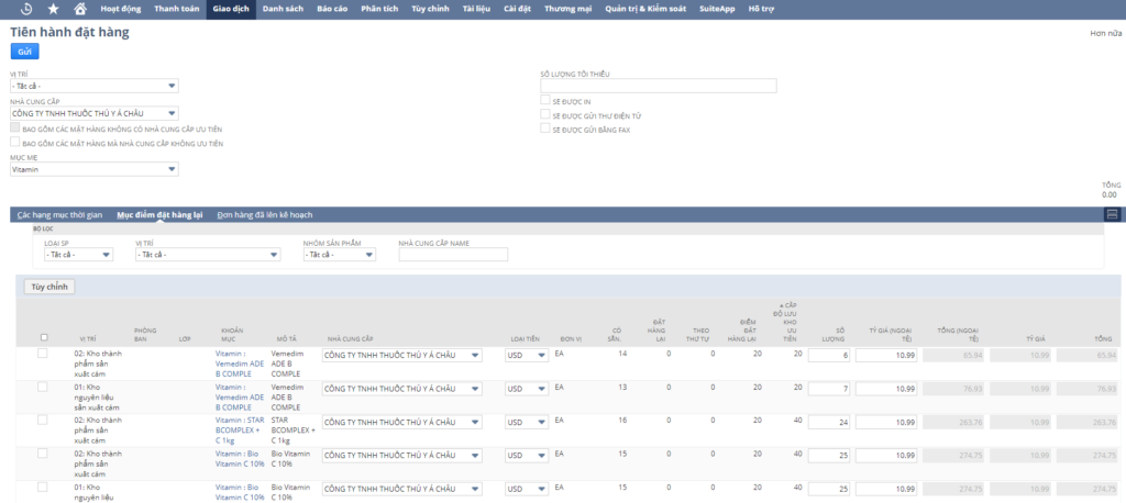 Một màn hình chức năng đặt hàng lại Reorder Point dựa trên tồn kho an toàn của Oracle NetSuite Cloud ERP