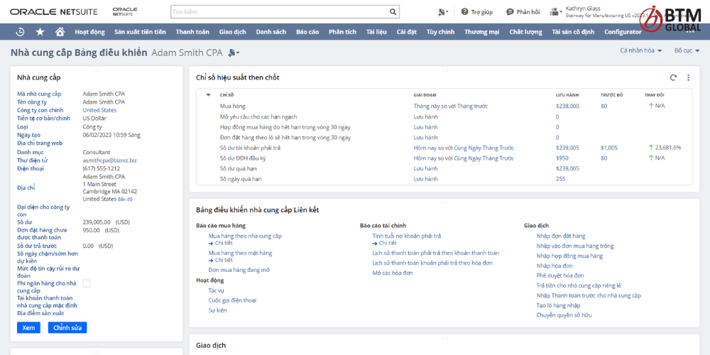 NetSuite là gì? Tìm hiểu chi tiết phân hệ chính của Oracle NetSuite ERP 21 Màn hình theo dõi 360 độ Nhà cung cấp của Oracle NetSuite: nơi cung cấp đầy đủ mọi thông tin từ tổng quát đến chi tiết của một Vendor